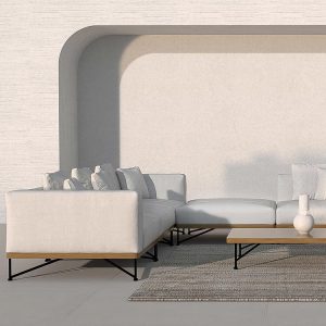 Bộ sofa ngoài trời hiện đại màu trắng kem, bố trí trong không gian tối giản sang trọng