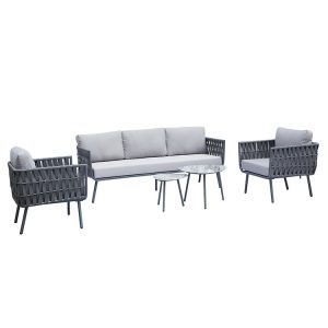Bộ sofa sân vườn dây rope màu xám, nệm xám, bàn trà kính giả đá, phong cách hiện đại