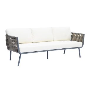Sofa dài 3 chỗ dây đan rope, nệm trắng, khung nhôm hiện đại ngoài trời