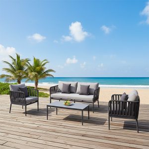 Sofa sân vườn khung nhôm, dây rope, nệm ghi xám, phù hợp không gian biển, resort