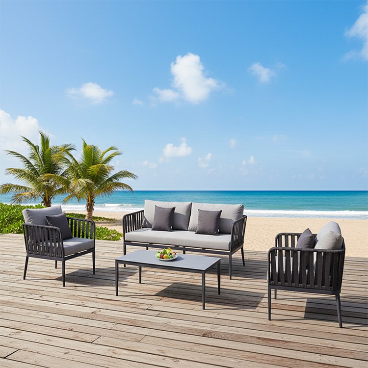 Sofa sân vườn khung nhôm, dây rope, nệm ghi xám, phù hợp không gian biển, resort
