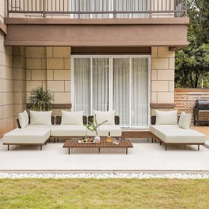 Bộ sofa sân vườn hiện đại, phối cảnh trước nhà, nệm kem, bàn trà gỗ nan lưới
