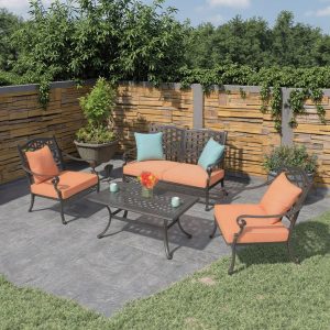 Sofa sân vườn nhôm đúc hoa văn, nệm cam, phối cảnh sân vườn hiện đại