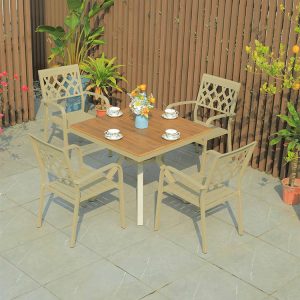 Bộ bàn ghế sân vườn nhôm giả gỗ, ghế tựa lưng họa tiết đẹp, phù hợp quán cà phê