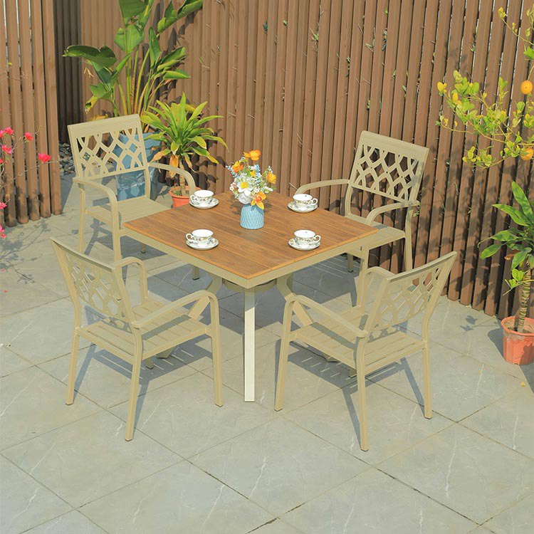 Bộ bàn ghế sân vườn nhôm giả gỗ, ghế tựa lưng họa tiết đẹp, phù hợp quán cà phê
