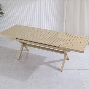 Bàn ăn ngoài trời nhôm mở rộng, chân chữ X chắc chắn, phù hợp sân vườn hoặc ban công.