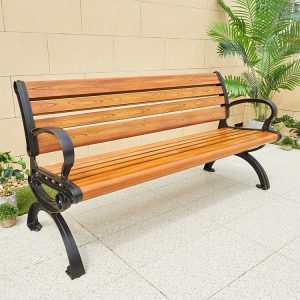 Ghế băng ngoài trời vân gỗ nâu vàng, khung sắt chắc chắn, thích hợp công viên