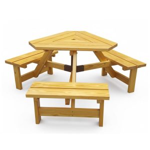Bộ bàn ghế picnic ngoài trời lục giác gỗ tự nhiên, ghế liền bàn, phù hợp không gian công cộng