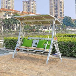 Xích đu sân vườn 3 chỗ, lưng ghế đục lỗ hình trái tim, gối xanh lá, mái che rộng