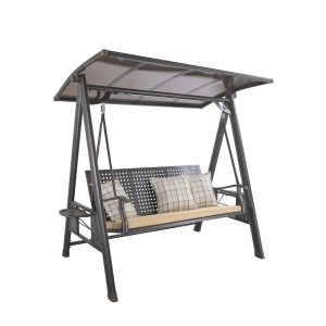 Xích đu sân vườn 3 chỗ, nệm kem và gối caro, phong cách hiện đại