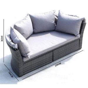 Sofa ngoài trời 3-4 chỗ, kích thước 200x184x64cm, nệm xám, đan nhựa giả mây