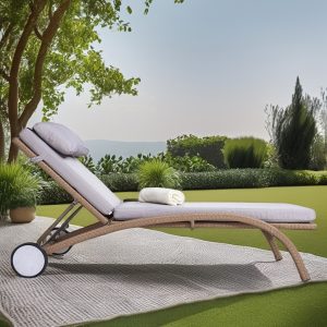 Ghế tắm nắng ngoài trời khung nhôm đan mây, nệm xám nhạt, phong cách hiện đại giữa sân vườn