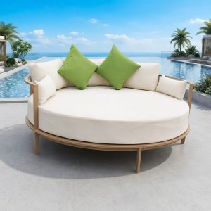 Giường tắm nắng tròn cao cấp, nệm dày, gối tựa lớn, đặt cạnh hồ bơi