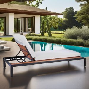 Ghế tắm nắng hồ bơi ngoài trời hiện đại, khung nhôm, nệm trắng, mặt gỗ teak