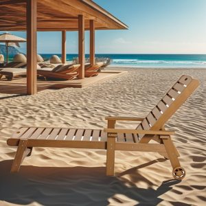 Ghế tắm nắng ngoài trời nhựa giả gỗ đặt trên bãi biển, phù hợp resort và khách sạn
