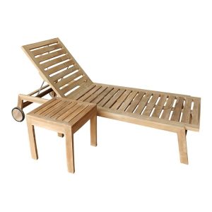 Bộ ghế tắm nắng và bàn phụ nhỏ bằng gỗ tự nhiên, không có nệm