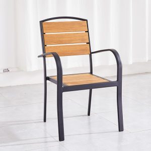 Ghế nhôm ngoài trời lưng nan ngang, mặt ghế vân gỗ, phù hợp quán cafe, sân vườn