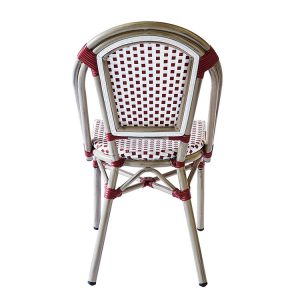 Ghế cafe sân vườn nhôm giả tre đan dây nhựa đỏ trắng nhìn từ phía sau