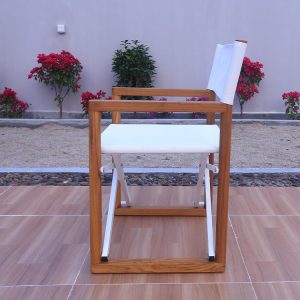 Ghế xếp ngoài trời khung gỗ teak nhìn ngang, vải lưới trắng