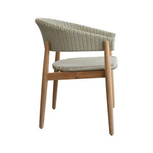 Góc nghiêng ghế ăn ngoài trời khung gỗ teak, đan dây nhựa giả mây màu ghi sáng
