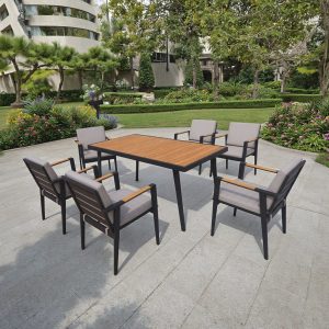 Bộ bàn ghế ăn ngoài trời hiện đại, 6 ghế khung nhôm, nệm ghi, mặt bàn gỗ, đặt sân vườn