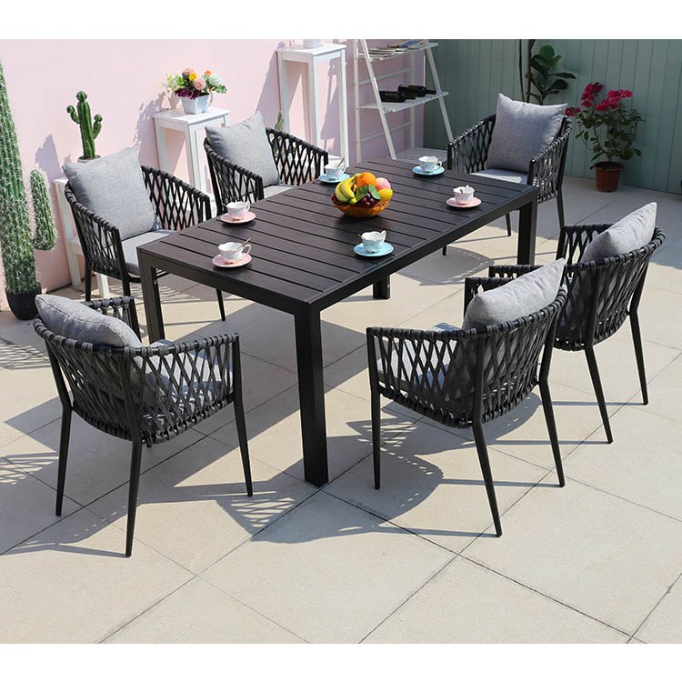 Bộ bàn ghế ngoài trời dây đan chéo, 6 ghế 1 bàn, nệm ghi xám