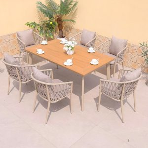 Bộ bàn ghế ngoài trời 7 món bàn chữ nhật nhỏ gọn, khung nhôm dây rope, nệm ghi