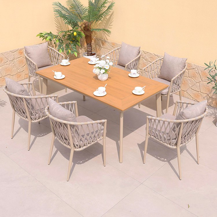Bộ bàn ghế ngoài trời 7 món bàn chữ nhật nhỏ gọn, khung nhôm dây rope, nệm ghi