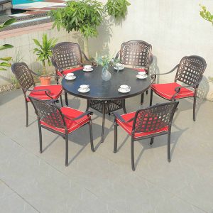 Bộ bàn ghế nhôm đúc sân vườn 7 món, họa tiết lưng ghế caro, nệm đỏ