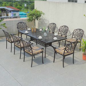 Bộ bàn ghế nhôm đúc ngoài trời 8 ghế tựa hoa văn, bàn chữ nhật lớn