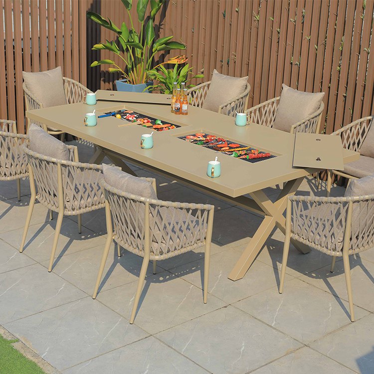 Bộ bàn ghế ngoài trời 9 món, ghế dây rope có nệm tựa, bàn BBQ hiện đại