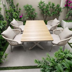 Bộ bàn ghế sân vườn 4 ghế 1 bàn, thiết kế đan dây rope, nệm êm, phù hợp sân vườn
