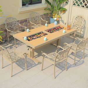 Bộ bàn ghế ngoài trời nhôm đúc hoa văn sang trọng, bàn dài có bếp nướng BBQ ở giữa