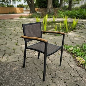 Ghế đơn ngoài trời nhôm giả mây, tay vịn vân gỗ sang trọng