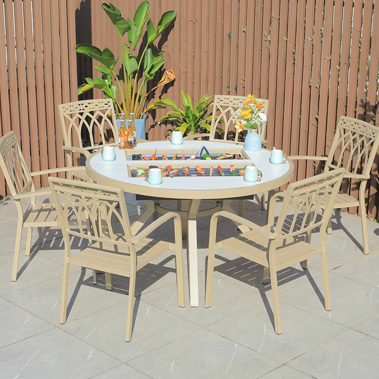 Bộ bàn ghế sân vườn nhôm 6 ghế lưng chéo, bàn tròn tích hợp bếp nướng BBQ