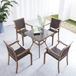 Bộ bàn ghế ngoài trời 5 món, bàn vuông kính cường lực, ghế nhôm đan mây PE