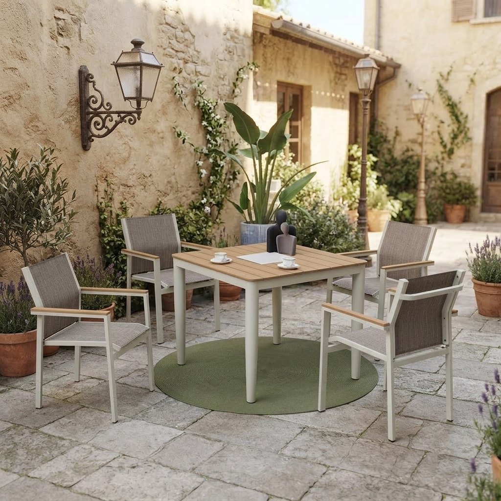 Bộ bàn ghế sân vườn 5 món hiện đại, khung nhôm, mặt bàn gỗ nhựa, đặt trong sân vườn phong cách châu Âu