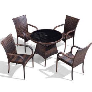 Bộ bàn tròn kính đen và 4 ghế giả mây hiện đại cho sân vườn