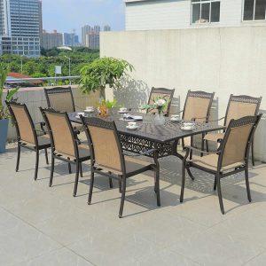 Bộ bàn ăn ngoài trời nhôm đúc 8 ghế, lưng ghế textilene màu be, kiểu dáng hiện đại