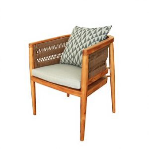 Ghế đơn gỗ teak dây rope nâu, có nệm ngồi và gối tựa họa tiết tam giác