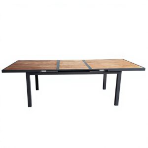 Bàn ăn ngoài trời mặt gỗ teak mở rộng, khung nhôm đen chắc chắn