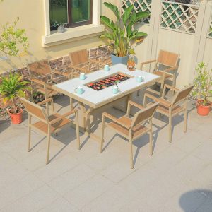 Bộ bàn ghế ngoài trời 7 món khung nhôm, ghế nhựa giả gỗ, bàn tích hợp bếp nướng BBQ