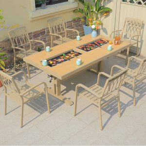 Bộ bàn ghế ngoài trời 7 món, ghế nhôm hoa văn sang trọng, bàn dài có bếp nướng BBQ