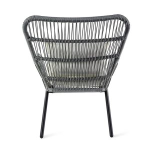 Mặt sau ghế sân vườn đan dây nhựa giả mây màu xám, khung sắt chắc chắn