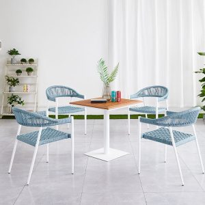 Bộ bàn ghế ngoài trời 4 ghế dây rope kiểu dáng thấp, không nệm, bàn vuông mặt gỗ