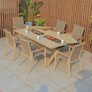Bộ bàn ăn ngoài trời 6 ghế textilene, bàn nhôm tích hợp bếp nướng BBQ phong cách hiện đại