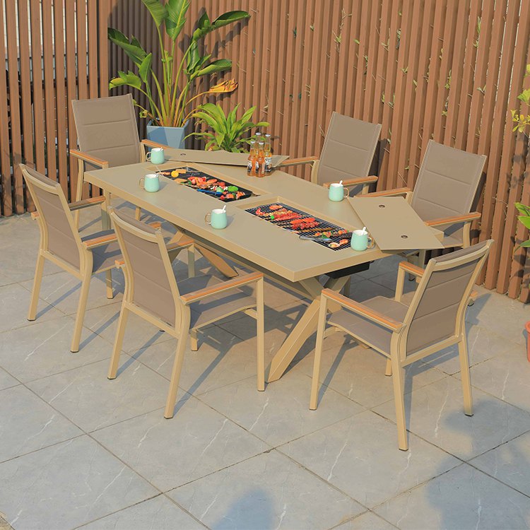 Bộ bàn ăn ngoài trời 6 ghế textilene, bàn nhôm tích hợp bếp nướng BBQ phong cách hiện đại