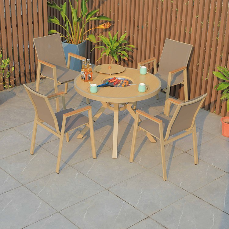 Bộ bàn ghế ngoài trời nhôm 4 ghế textilene tựa cao, bàn tròn có bếp nướng BBQ
