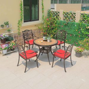 Bộ bàn ghế nhôm đúc ngoài trời, mặt bàn đá, nệm đỏ, thiết kế hoa văn tinh tế