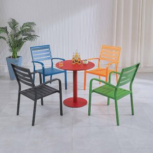 Bộ bàn ghế nhôm ngoài trời 4 ghế 4 màu, bàn tròn đỏ, phong cách hiện đại, phù hợp quán cafe, sân vườn